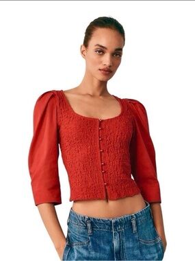 By Anthropologie Smocked Cardigan Top Red Buttondown Blouse Round Neck M